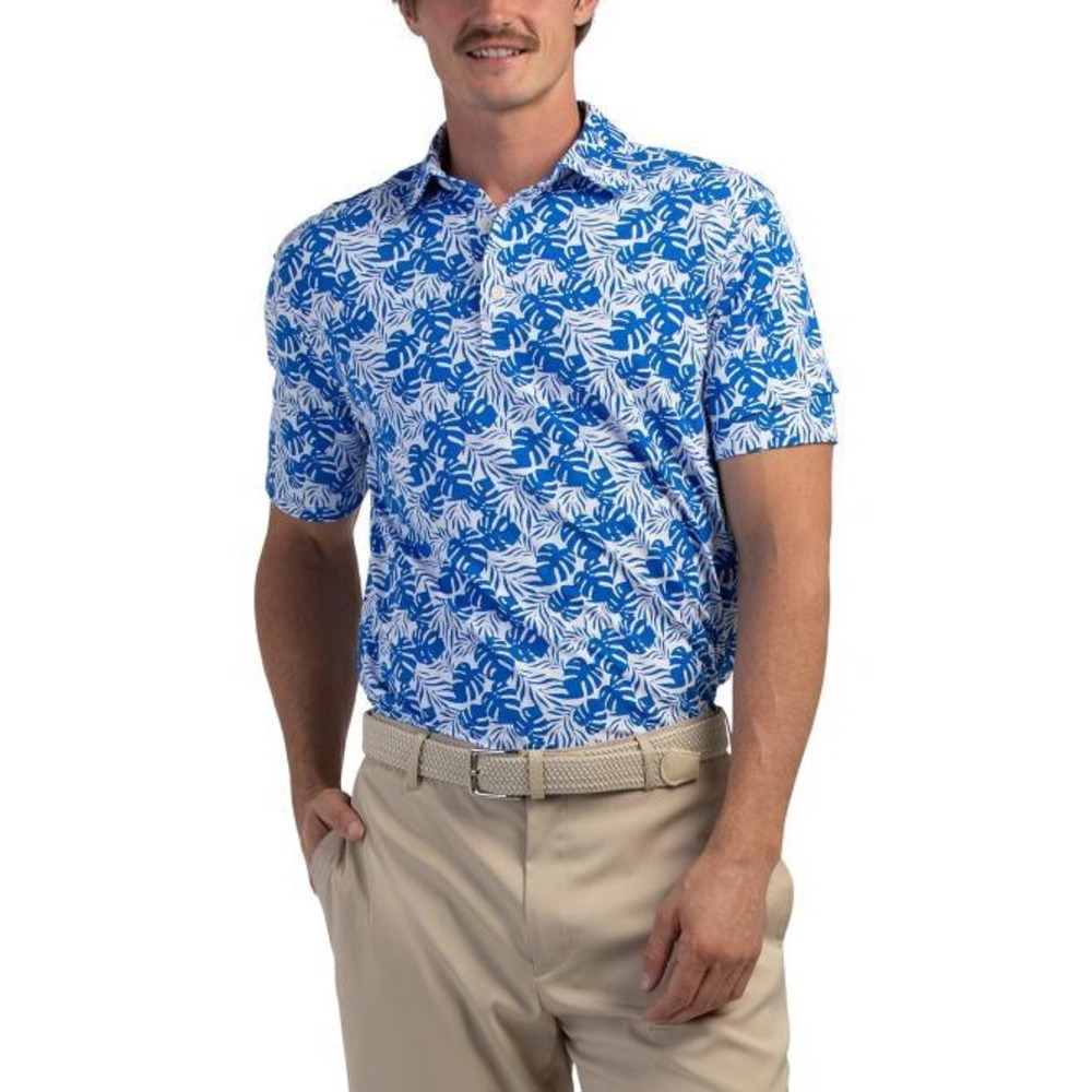 NWT IBKÜL Tropical Polo Mens XL Blue White Icefil Cooling UPF 50+ Monstera Golf